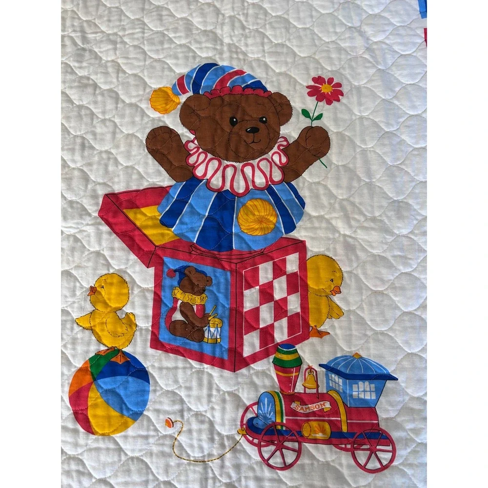 Vintage Baby Quilt Blanket Satin Trim Alphabet Teddy Bear Train Nursery‎ 34x44